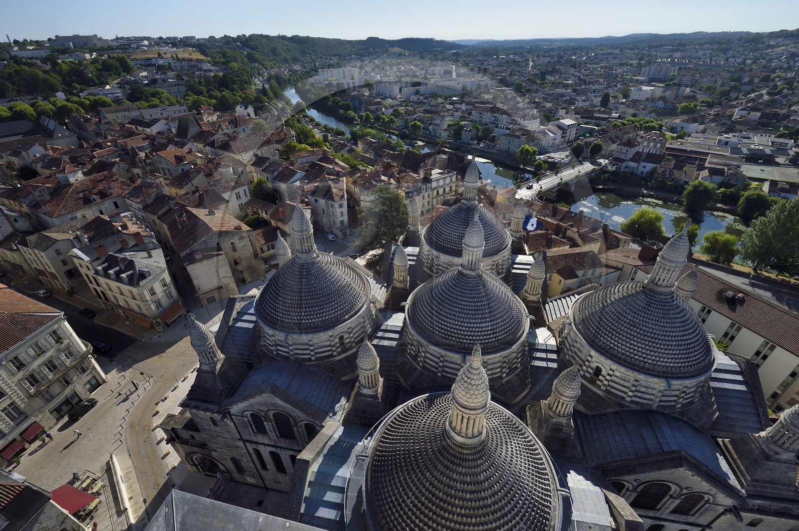 France, Dordogne, White Perigord, Perigueux, the domes of the Saint Front Cathedral, stop on Route of Santiago de Compostela listed as World Heritage by UNESCO, and the banks of the Isle river
