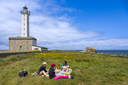 France, Finistère (29), Pays des Abers, Ile Vierge dans l'archipel de Lilia, picnic au pied du phare de l'Ile Vierge, l’ancien phare de 1845 en arrière plan