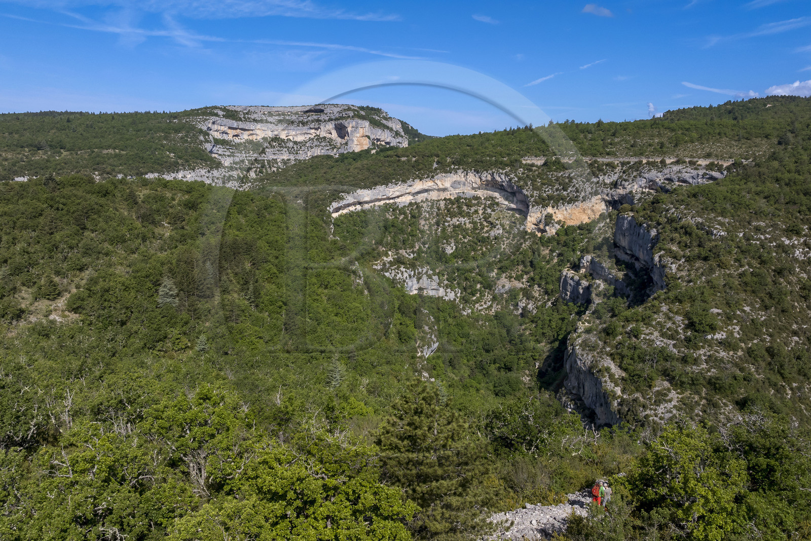 France, Vaucluse, Mont Ventoux Regional Natural Park, Monieux, Gorges de La Nesque, hikers on the heights facing the rocky bars