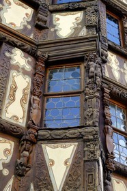 France, Bas Rhin, Saverne, detail of the facade of the Maison Katz from the 17th century, carved corner bow window