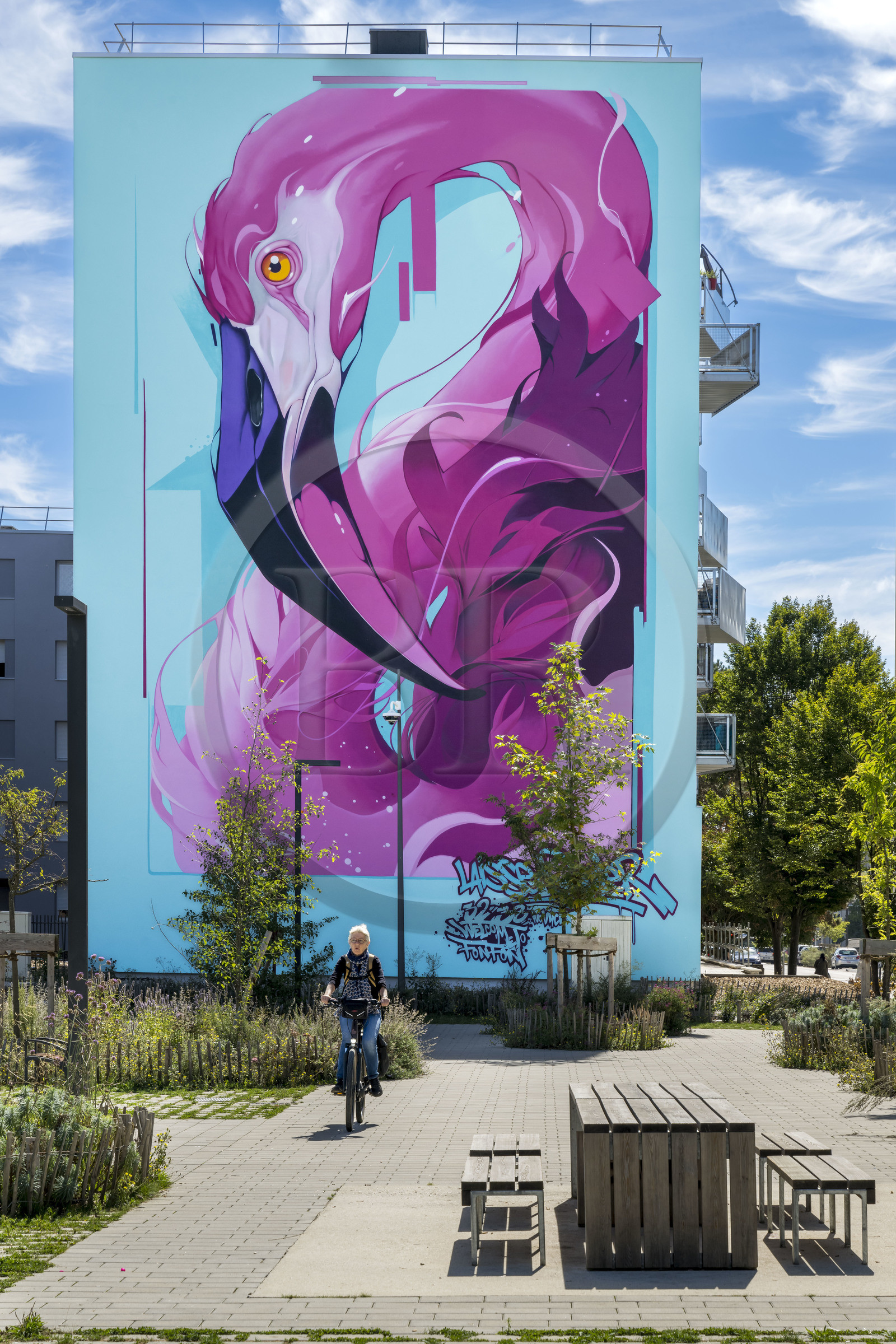 France, Côte-d'Or (21), Dijon, quartier Fontaine d’Ouche, Le Flamboyant, fresque monumentale sur la façade d’un immeuble HLM avenue du Lac par le street artiste Kalouf