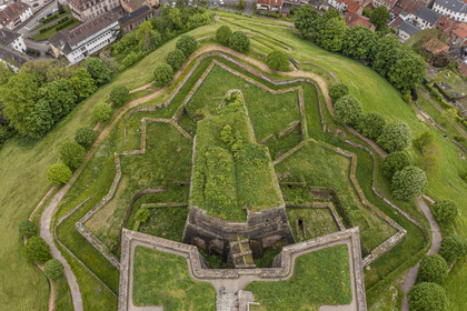 France, Moselle, Parc regional des Vosges du nord (Northern Vosges Regional Natural Park), Bitche, the citadel fortified by Vauban (aerial view)