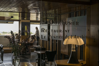 France, Bouches-du-Rhône (13), Marseille, oeuvre architecturale de Le Corbusier, classée Patrimoine Mondial de l'UNESCO, la Cité Radieuse par l'architecte Le Corbusier, Hotel Le Corbusier et Restaurant Le Ventre de l'Architecte