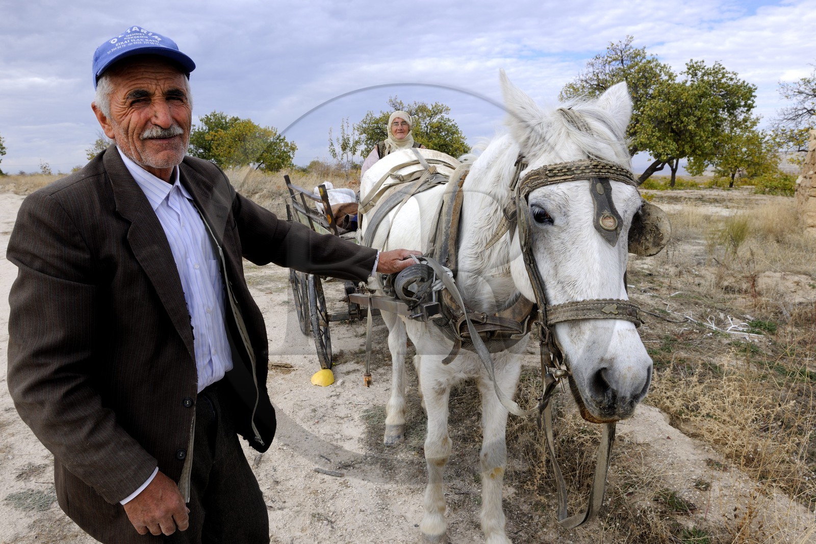 Turquie, Anatolie Centrale, province de Nevsehir, Cappadoce classée Patrimoine Mondial de l'UNESCO, couple de paysans revenant des champs en chariot