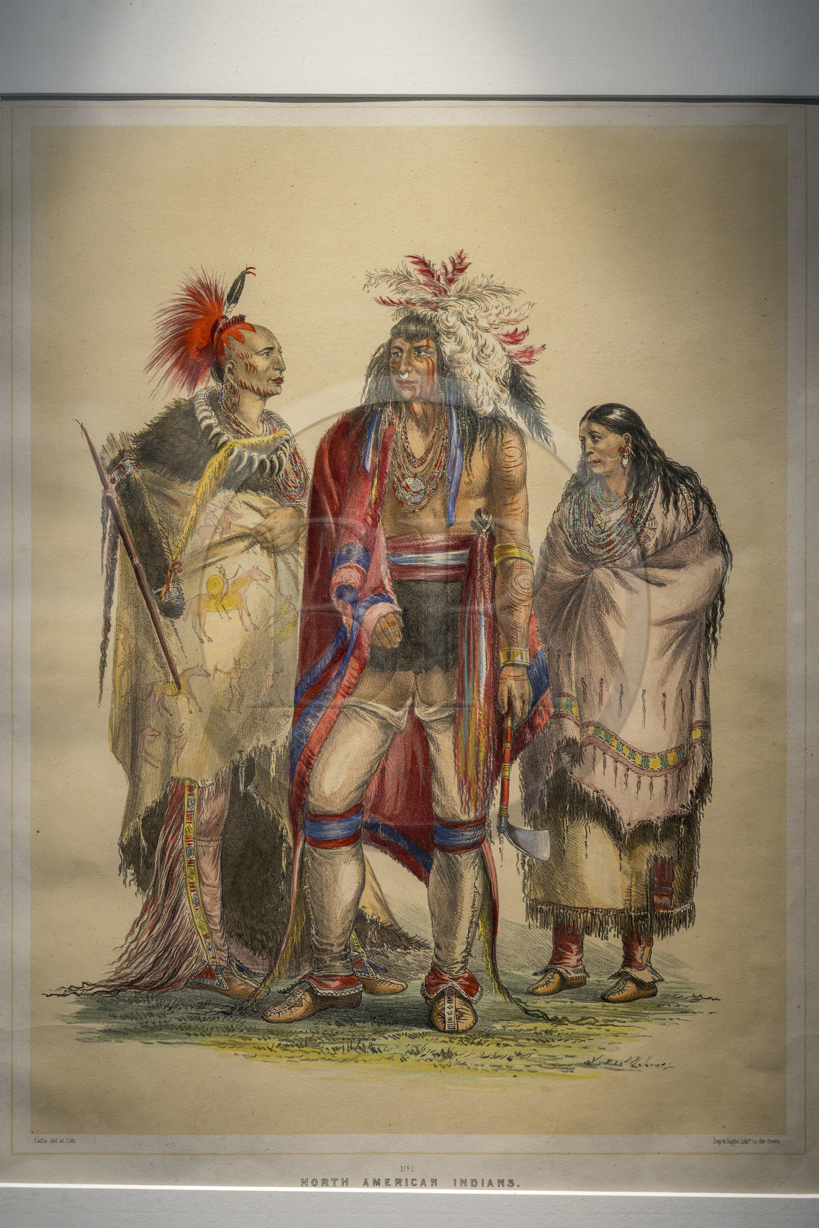France, Charente-Maritime (17), La Rochelle, Musée du Nouveau-Monde dans l'Hotel Fleuriau, lithographie de George Catlin du milieu XIXème siècle, North American Indians (un iroquois nommé Not-O-way entouré d'un Osage et d'une Pawnee)