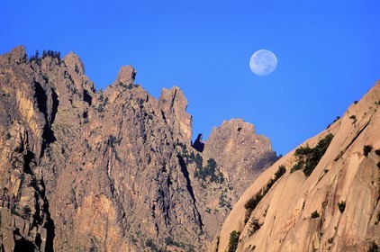France, Corse du Sud, Alta Rocca, Aiguilles de Bavella at full moon