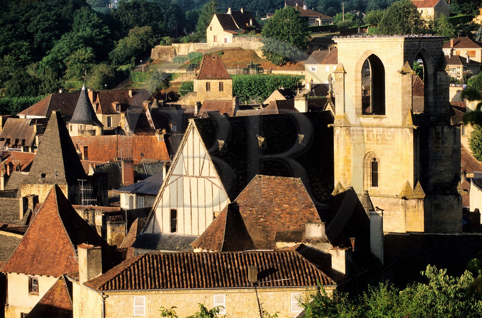 France, Dordogne, Roofs of Sarlat la Caneda and the Old Sainte Marie Church