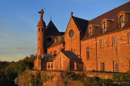 France, Bas Rhin, Mont Saint Odile, Mont Sainte-Odile Abbey also known as Hohenburg Abbey, statue of Saint Odile placed on the roof of the convent and facing the plain of Alsace