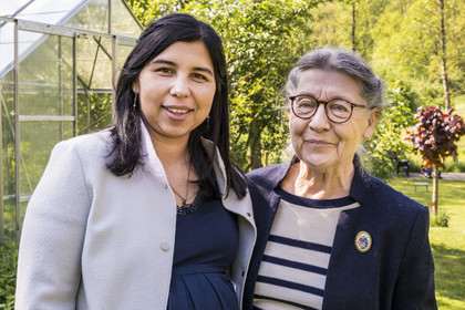 France, Bas Rhin, Northern Vosges Regional Natural Park, Obersteinbach, Hotel Alsace-Village, Christelle Ullman on the left with Angelica Escobar Sereno who co-manages the establishment with her husband Geoffrey Lanoix