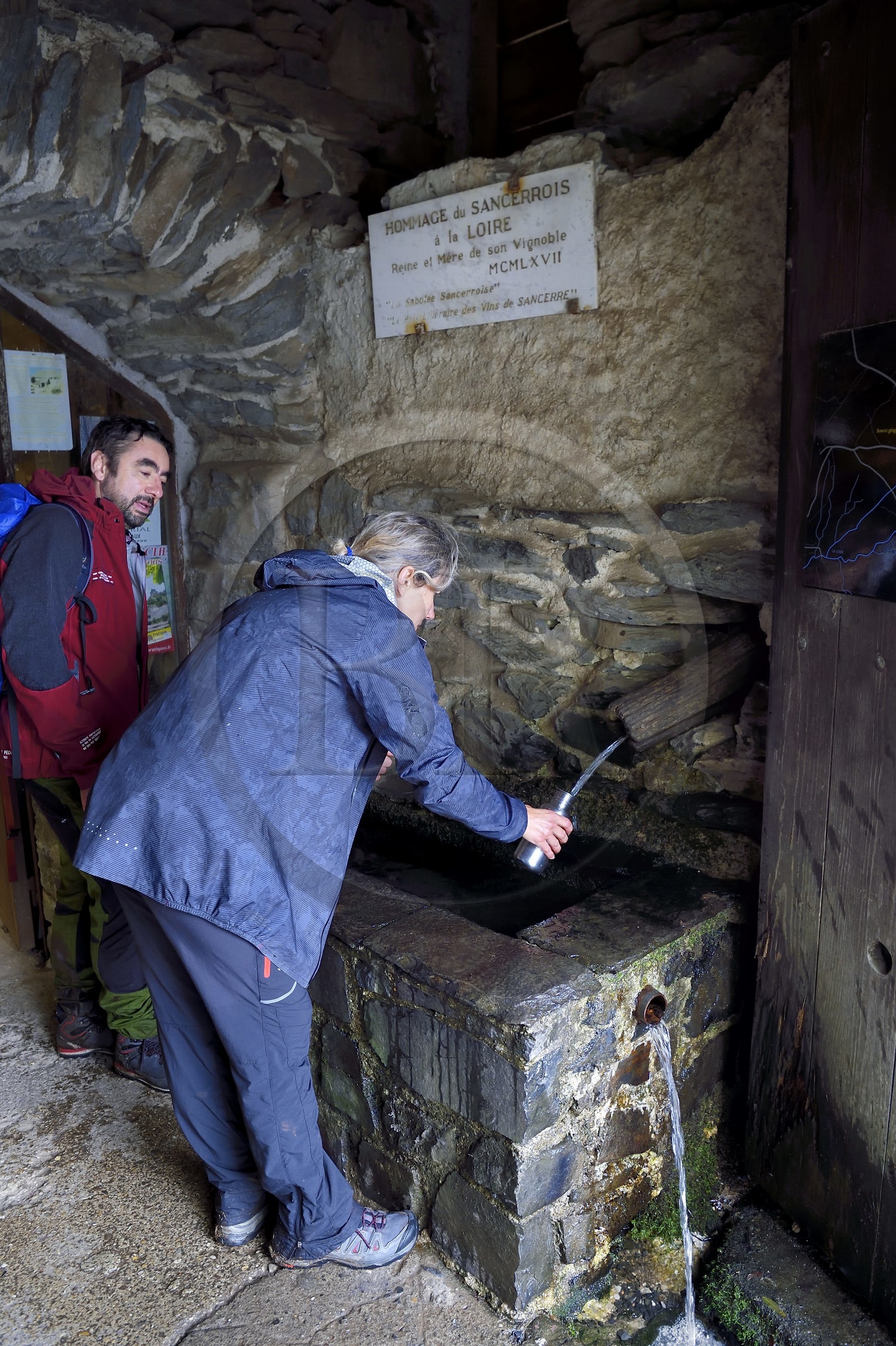 France, Ardèche (07), parc naturel régional des Monts d'Ardèche, Massif du Mézenc, au pied du Mont Gerbier-de-Jonc (1551 m), parmis les trois sources de la Loire, la source géographique dans la Ferme de la Loire de M. Eric Maréchal