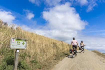 France, Vendée (85), île de Noirmoutier, La Guérinière, cyclistes sur la piste cyclable qui suit la digue entre le Port de Bonhomme et le passage du Gois