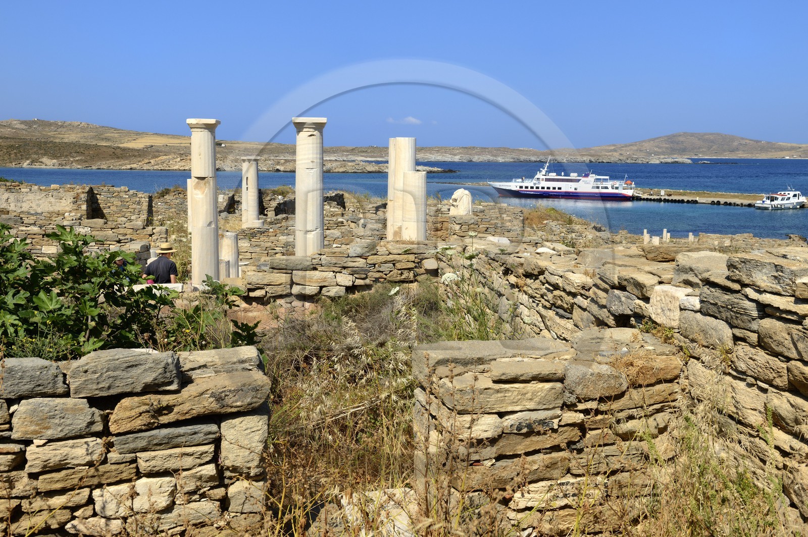 Grèce, île de Delos, classée Patrimoine Mondial de l'UNESCO, site archéologique de Délos, sanctuaire d'Apollon, la plus grande cité antique de la mer Egée, quartier du théatre