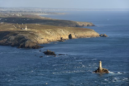 France, Finistere, Iroise Sea, Plogoff, La Vieille Lighthouse and Pointe du Raz in the background (aerial view)