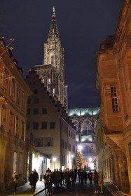 France, Bas Rhin, Strasbourg, old town listed as World Heritage by UNESCO, Notre Dame Cathedral, the octagonal tower surmounted by its spire at the end of the rue de Rohan