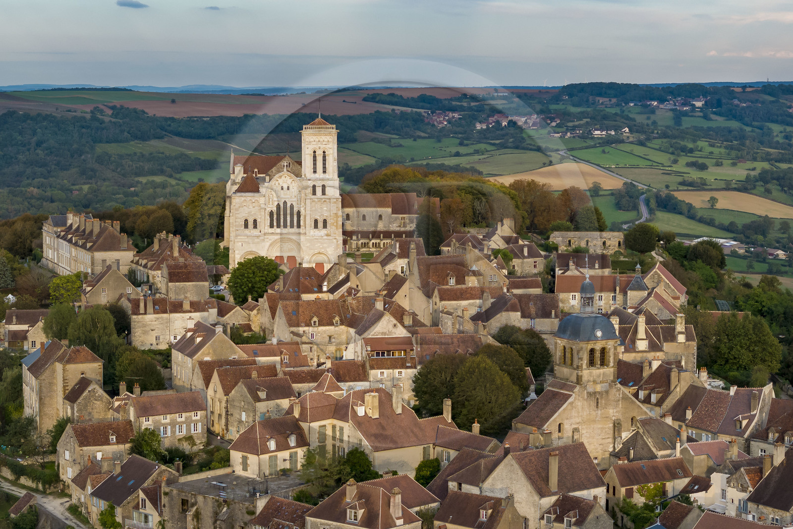 France, Yonne, regional natural park of Morvan, Vézelay, a UNESCO World Heritage site, labelled Les Plus Beaux Villages de France, starting point of one of the main ways to Santiago de Compostela, the hill and the Basilica of Saint Mary Magdalene (aerial view)