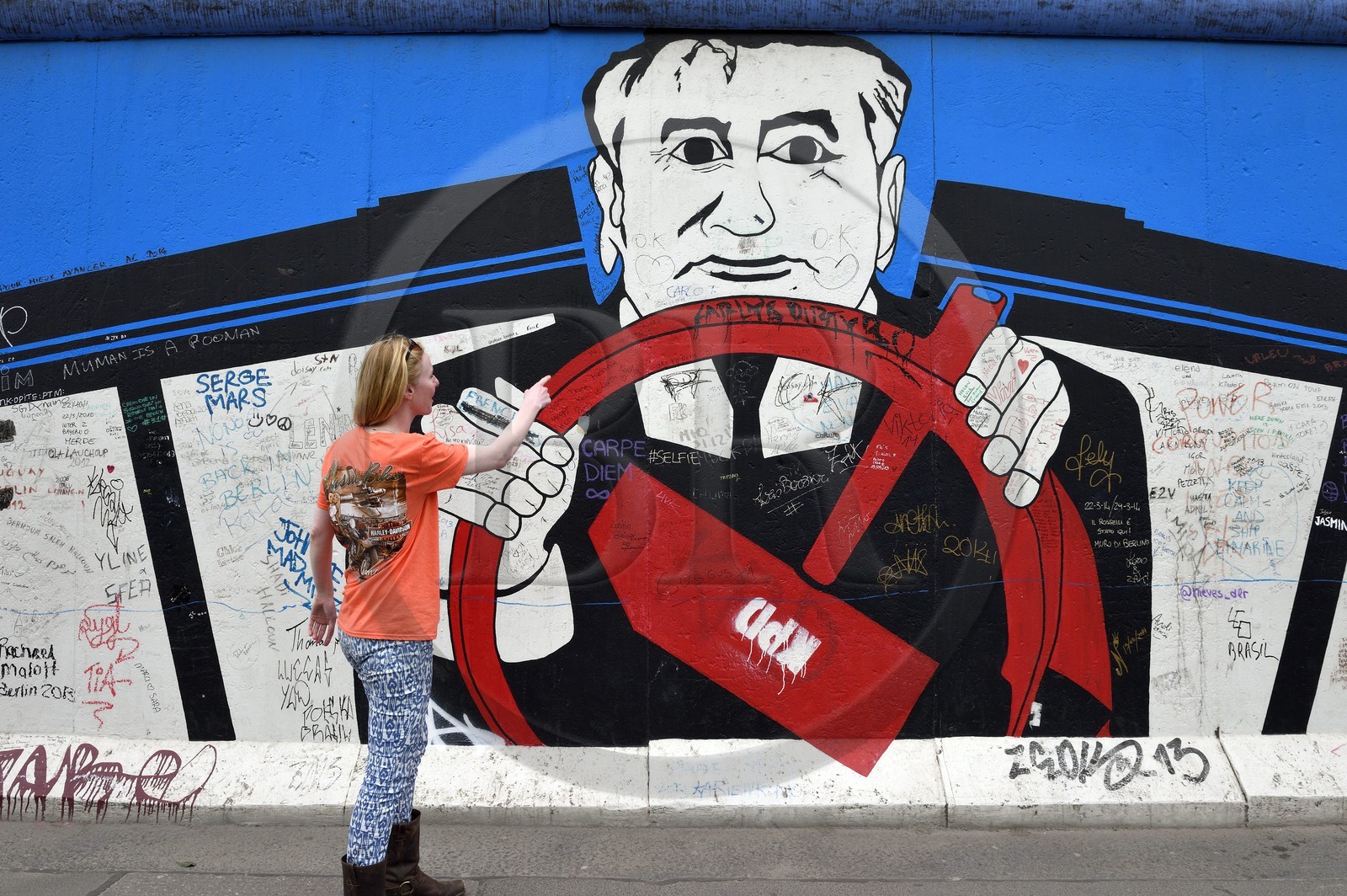 Germany, Berlin, Friedrichshain-Kreuzberg, East Side Gallery, The Wall, work dating from the 1990's, renovated in 2009, representing Mikhaïl Gorbatchev