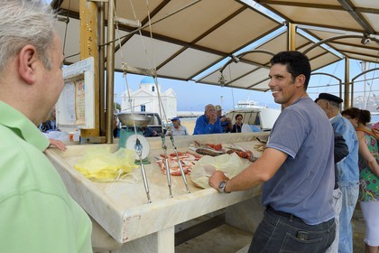 Grèce, Les Cyclades, mer Égée, île de Mykonos, Chora (Mykonos town), marché aux poissons sur le port