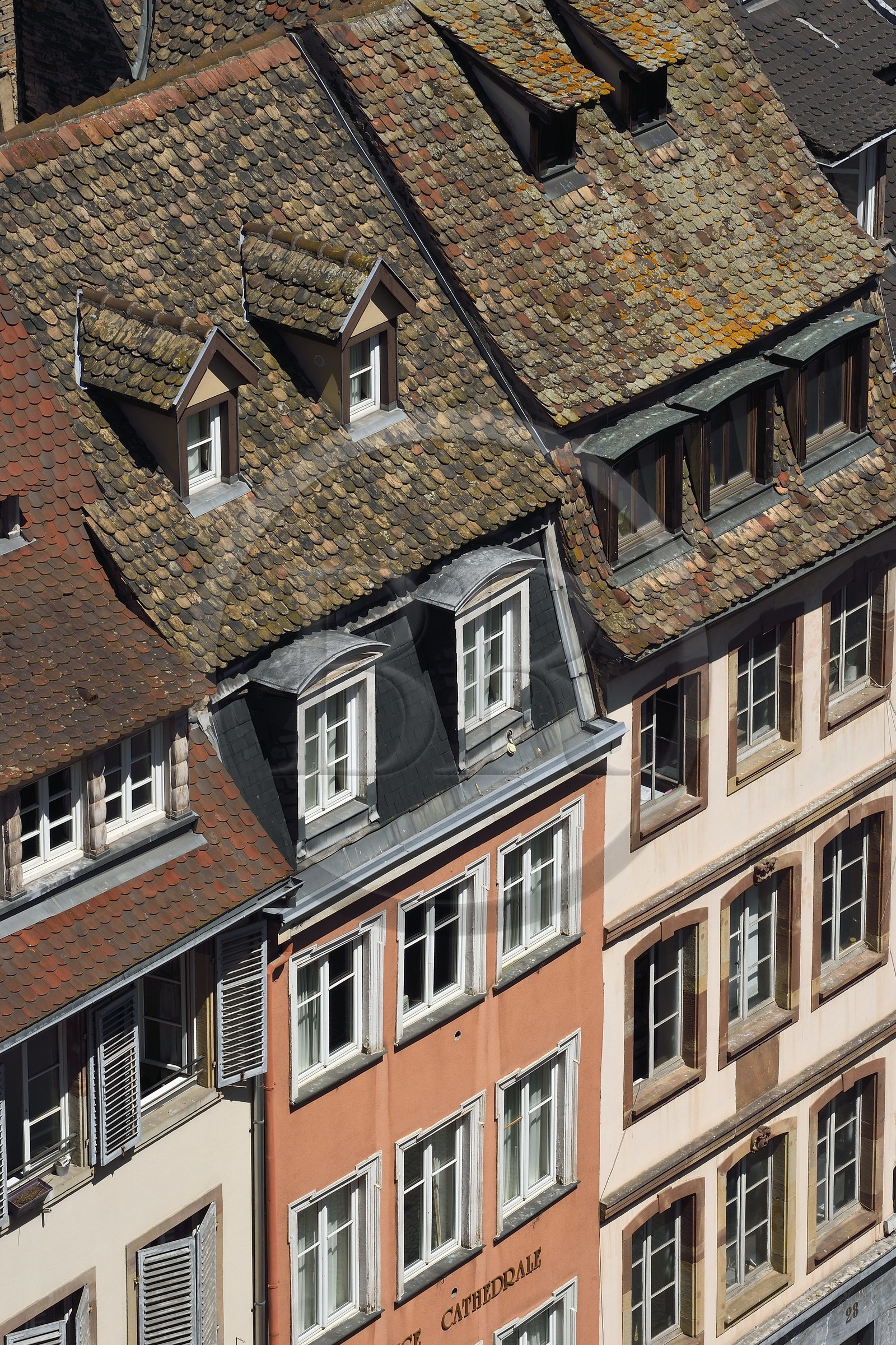 France, Bas-Rhin (67), Strasbourg, vieille ville classée au Patrimoine Mondial de l'UNESCO, immeuble traditionnel donnant sur la place de la Cathédrale, tuiles alsaciennes dites en queue de castor