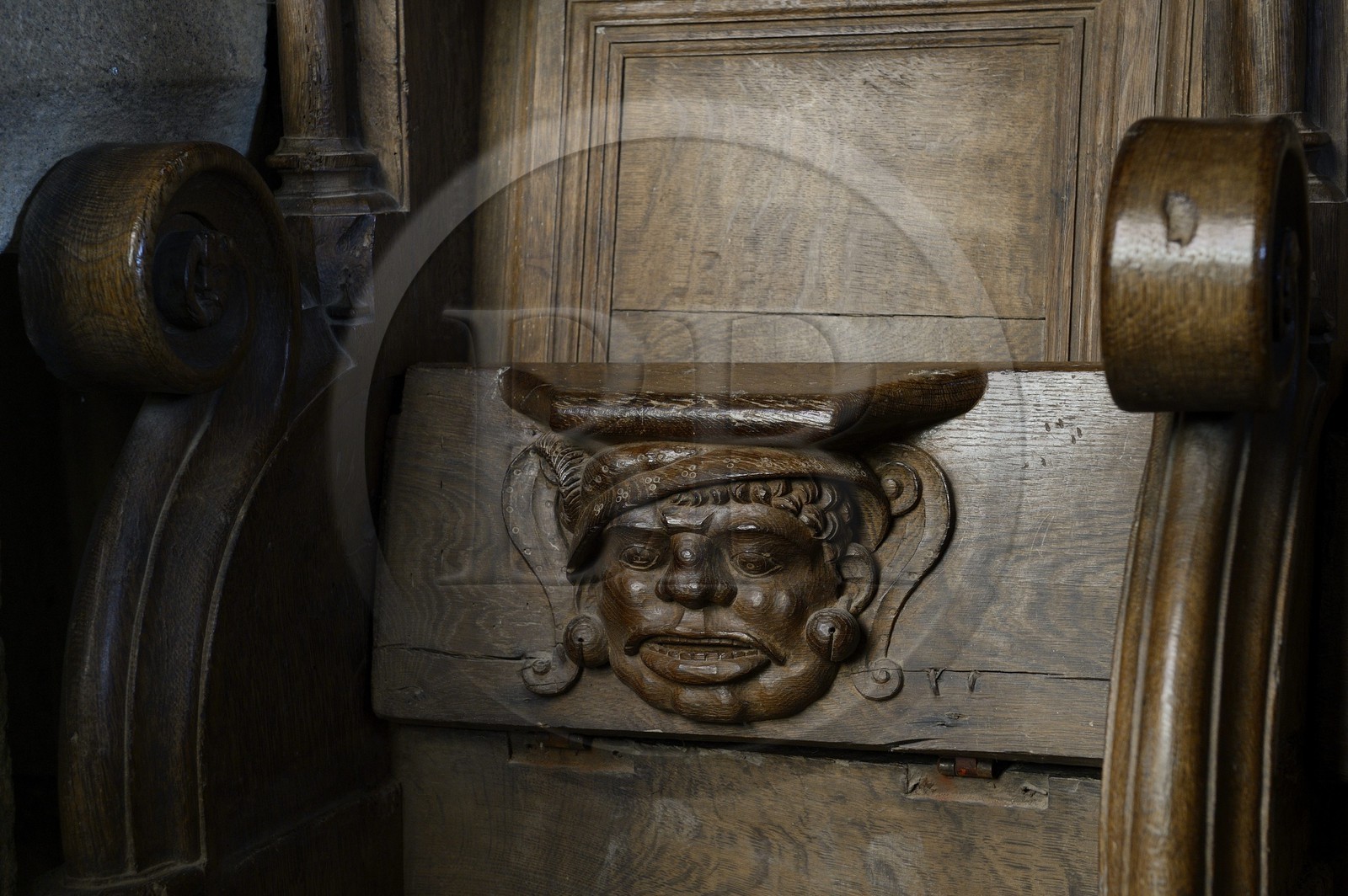 France, Finistere, Saint-Herbot, late Gothic Chapel of St. Herbot, stall of the sixteenth century with carved mercy