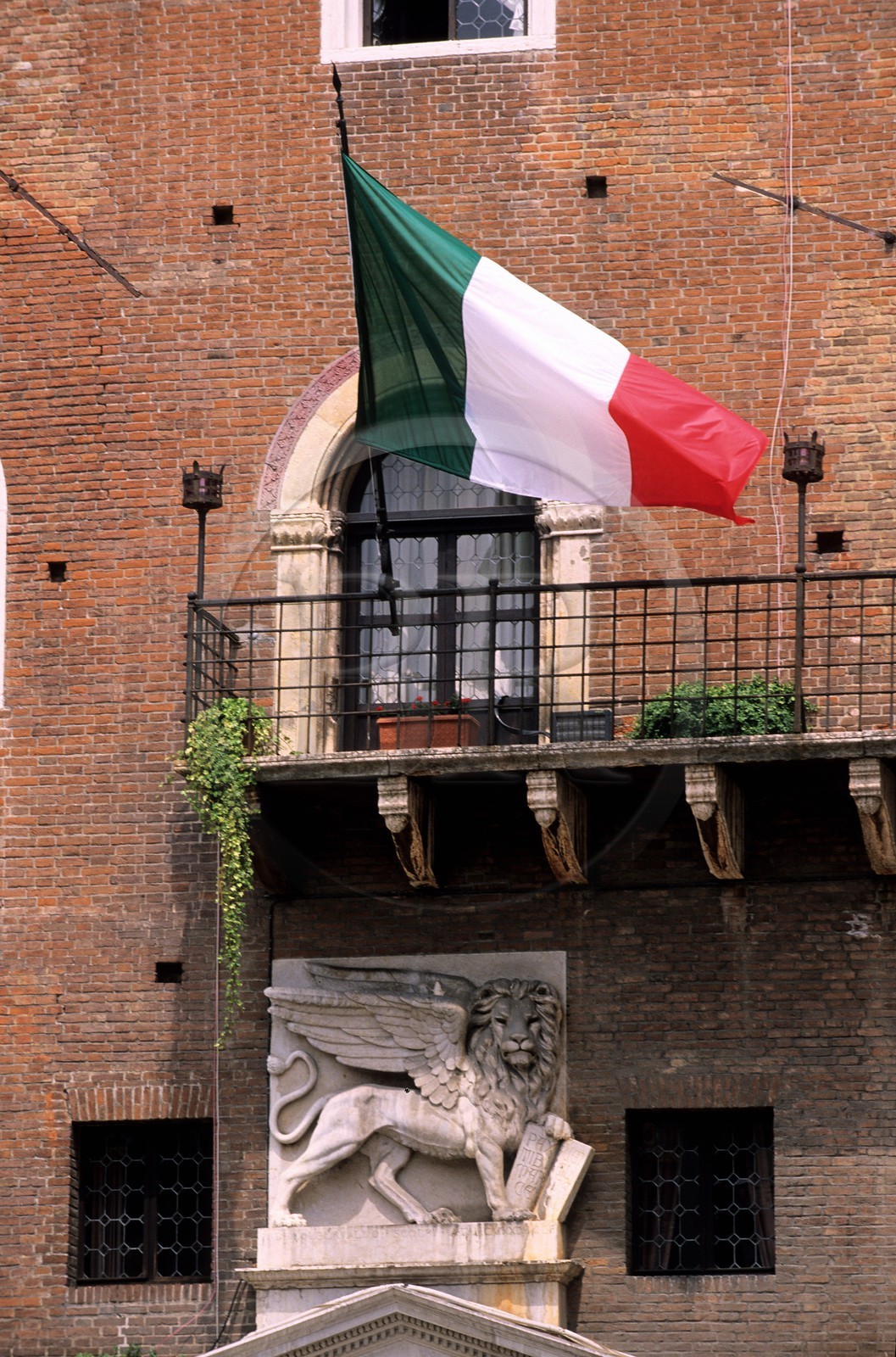 Italie, Vénétie, Vérone, la Piazza dei Signori, emblème de Venise et drapeau italien