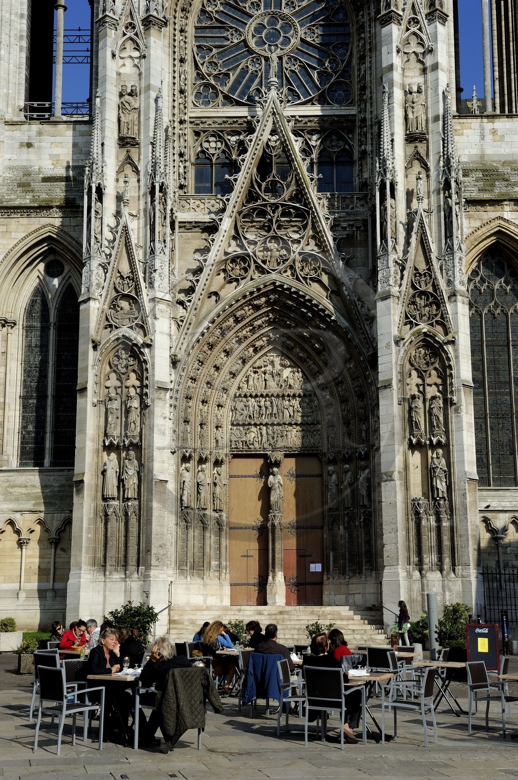 France, Seine Maritime, Rouen, Notre Dame of Rouen Cathedral, cafe terrace in front of the Calende portal