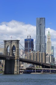 Etats-Unis, New York, le Pont de Brooklyn depuis Brooklyn Bridge Park et la Beekman Tower de l'architecte Frank Gehry