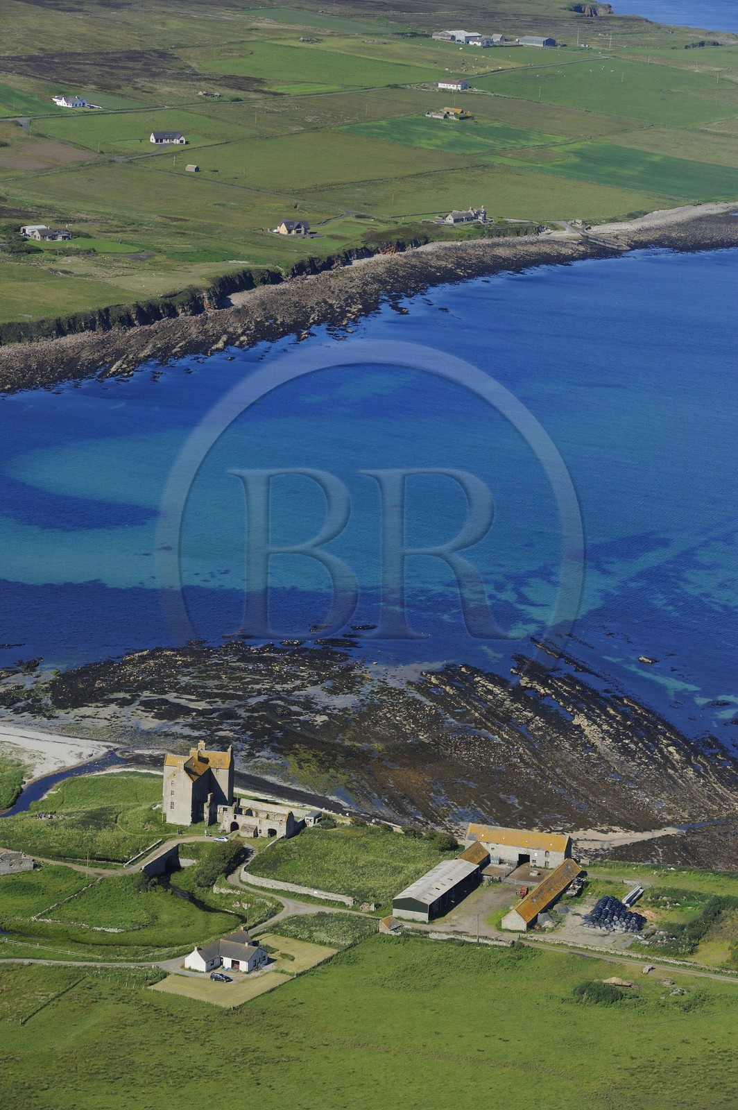 United Kingdom, Scotland, Highland, the east coast of Caithness north of Wick, farms around Freswick Bay (aerial view)