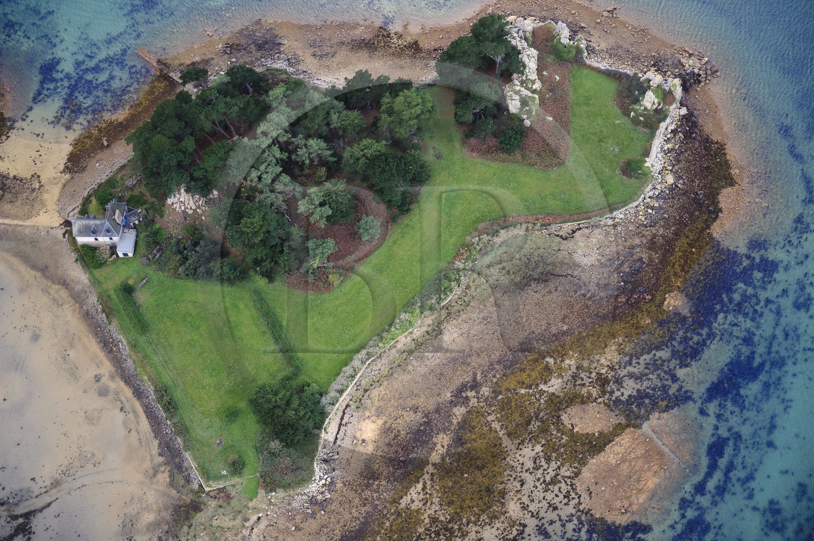 France, Côtes-d'Armor (22), Côte d'Ajoncs, Penvénan, Ile Marquer (vue aérienne)