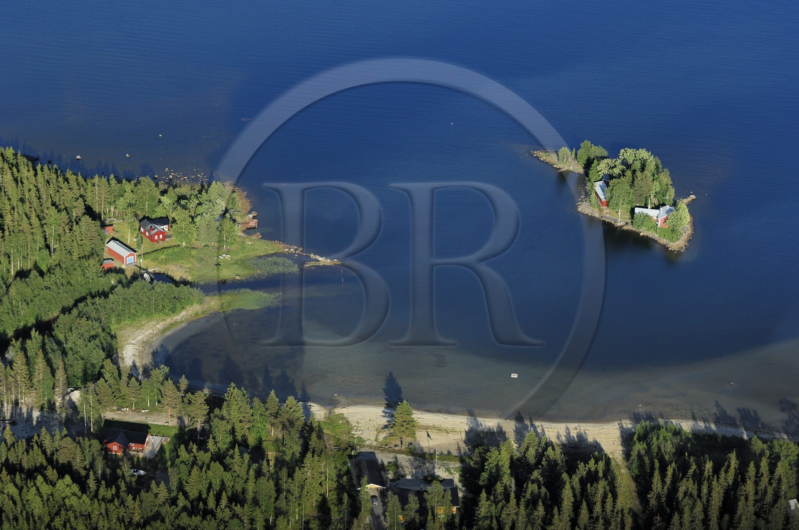 Sweden, Västerbotten County, region of Umea, Ytterboda village house on a small private island on the Baltic Sea (aerial view)