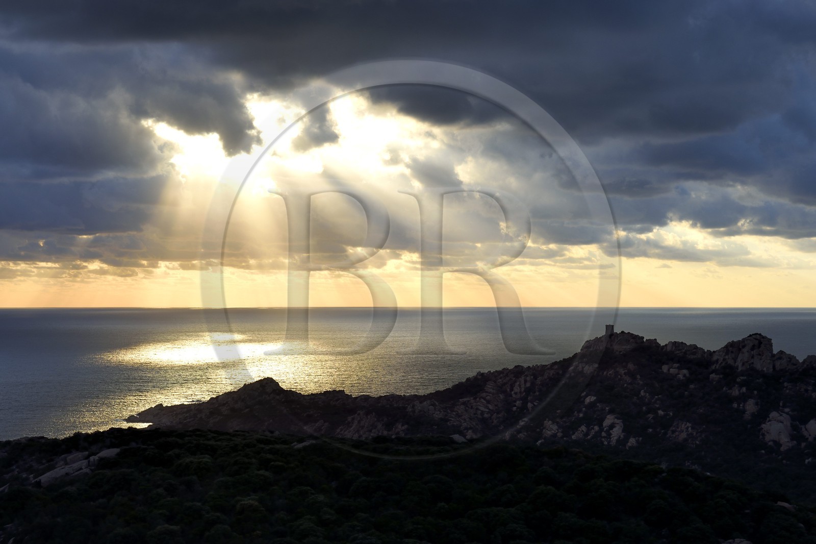 France, Corse-du-Sud (2A), le site naturel de Cala de Roccapina, la tour génoise et le rocher du Lion