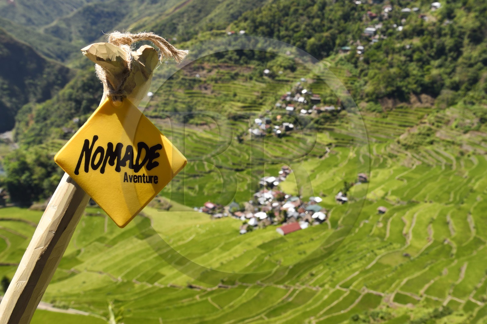 Philippines, province d'Ifugao, les rizières en terrasses de Banaue autour du village de Batad, classées Patrimoine Mondial de l'UNESCO, logo Nomade Aventures