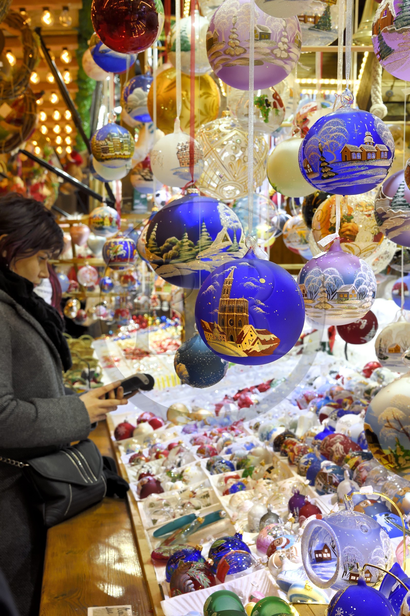 France, Bas Rhin, Strasbourg, old town listed as World Heritage by UNESCO, Christmas market (Christkindelsmarik) on the place Broglie, Christmas bauble