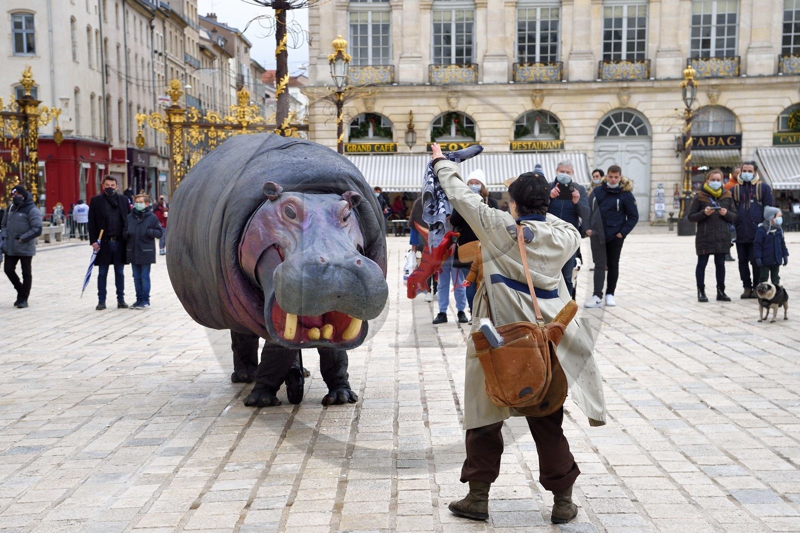 France, Meurthe-et-Moselle (54), Nancy, place Stanislas (ancienne Place Royale) lors de la fête de la Saint-Nicolas, classée Patrimoine Mondial de l'UNESCO, Nellie the Hippo de la compagnie Teatro Pavana fait le spectacle