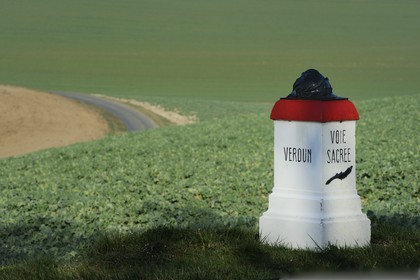 France, Meuse, Verdun area, kilometre marker of the Voie Sacrée (Sacred Way) along the road from Verdun to Bar le Duc