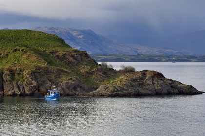 Royaume-Uni, Ecosse, Highland, Argyll and Bute, Oban, pecheurs dans les ilots du Loch Linnhe à l'Est de l'Ile de Mull
