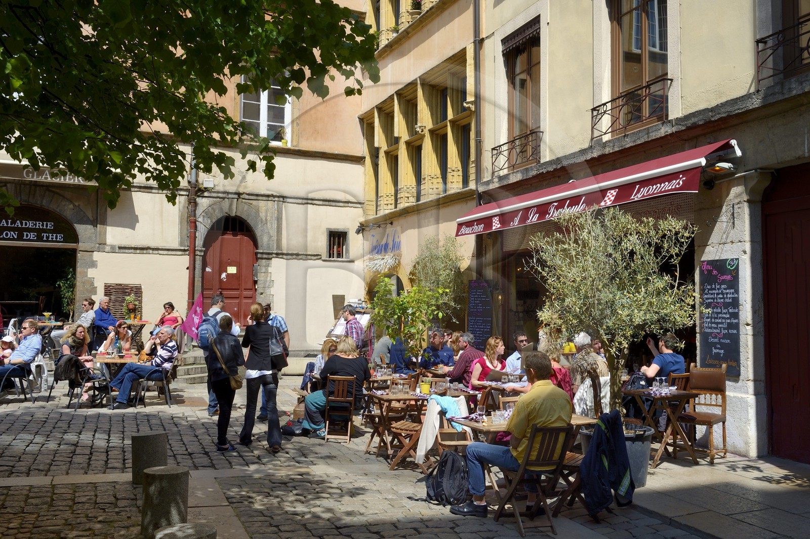 France, Rhone, Lyon, historical site listed as World Heritage by UNESCO, St. Paul neighborhood in the Vieux Lyon (Old Town), Place du Gouvernement and Bouchons Lyonnais (typical and traditional restaurants of Lyon)