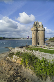 France, Ille et Vilaine, Cote d'Emeraude (Emerald Coast), Saint Malo, Saint-Servan district, the port and the Solidor Tower built in 1382, Cap-Hornier Long-Course International Museum (aerial view)
