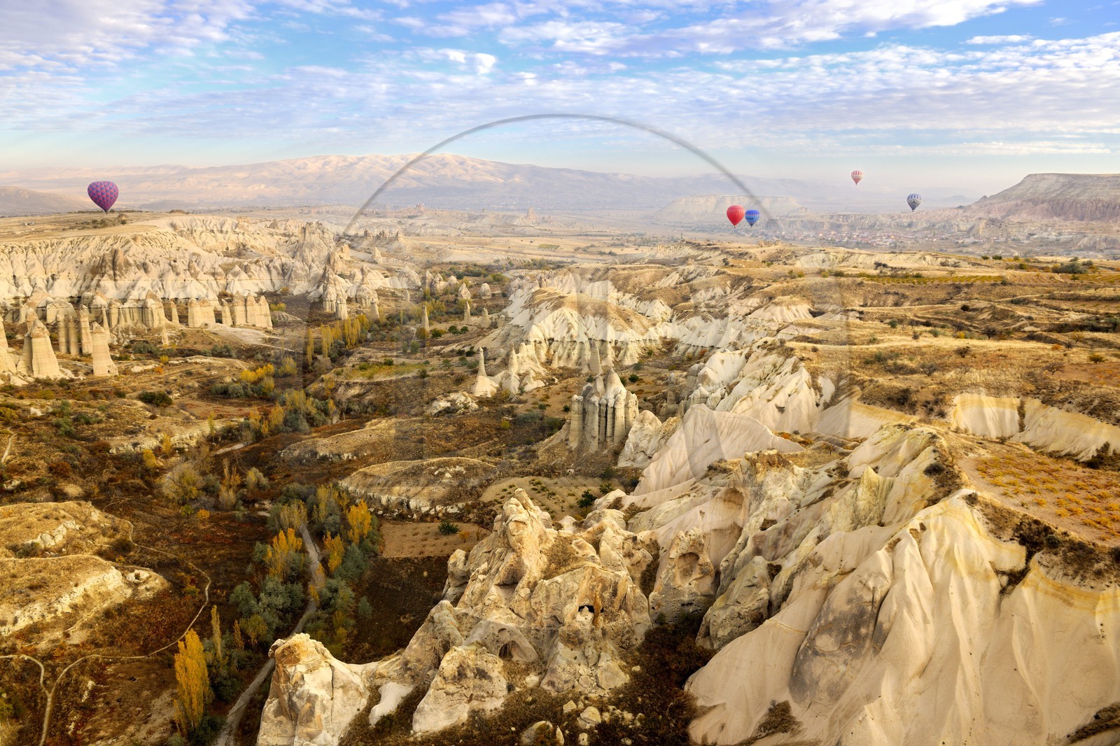 Turkey, Central Anatolia, Nevsehir Province, Cappadocia listed as World Heritage by UNESCO, near Uchisar, Love Valley, eroded landscape and fairy chimneys (aerial view)