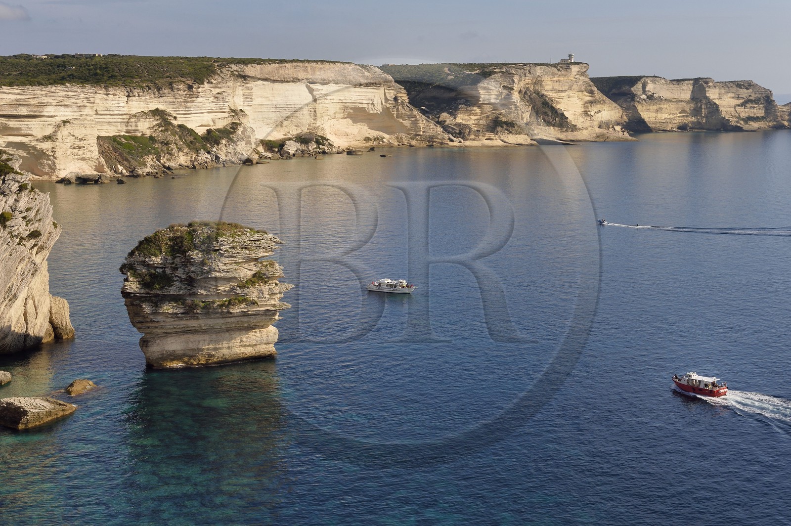 France, Corse-du-Sud (2A), Bonifacio, les falaises calcaires et le rocher appelé Grain de Sable au premier plan (vue aérienne)
