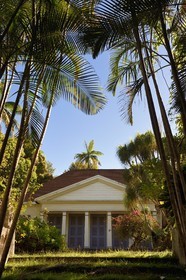 France, Ile de la Reunion, Bérive les Hauts, en arrière d'une allée de palmiste multipliant (Dypsis lutescens) la case historique du domaine Isautier Bérive dans les hauts de Saint-Pierre