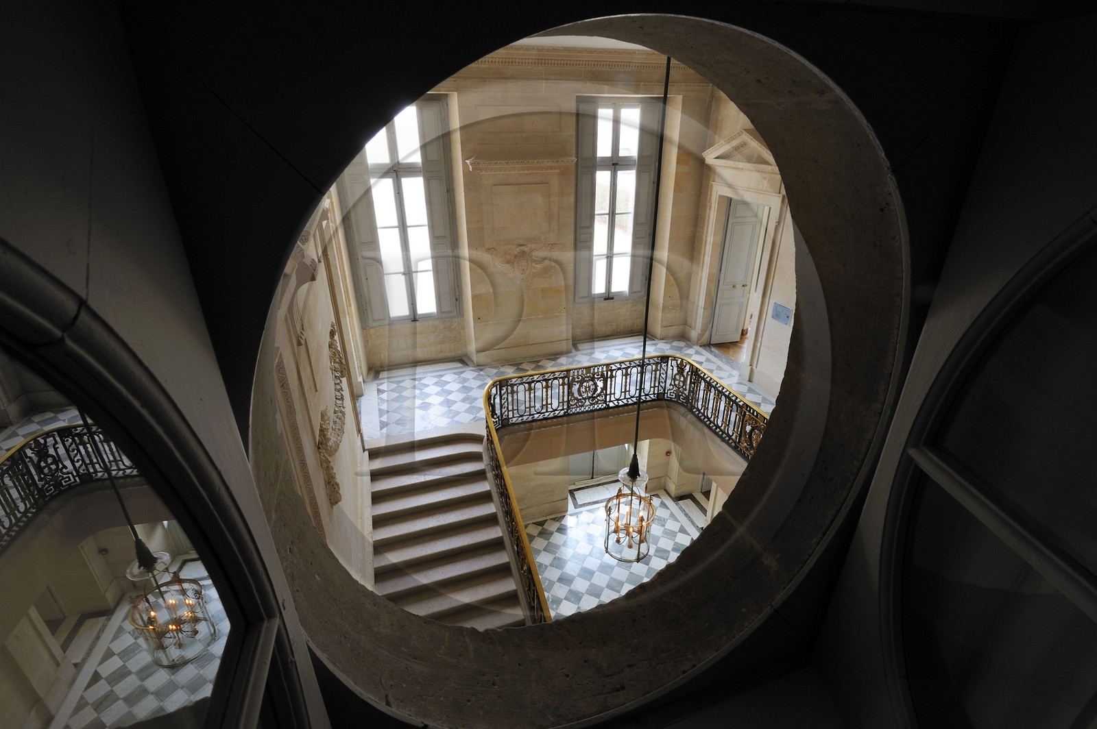 France, Yvelines, Chateau de Versailles, listed as World Heritage by UNESCO, Domaine de Marie Antoinette, the Petit Trianon, the big staircase with its wrought iron banister