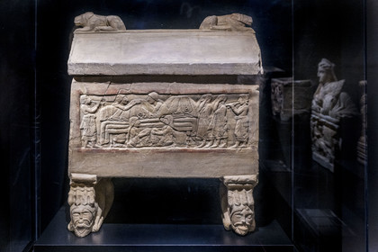 France, Gard, Nimes, Romanity museum (Musée de la Romanite), Achaic Etruscan cinerary urn in stone (late 6th century BC)(temporary exhibition)