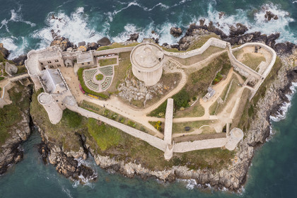 France, Cotes d'Armor, Grand Site de France Cap d'Erquy – Cap Frehel, Plevenon, 15th century La Latte Fort or Roche Goyon castle (aerial view)
