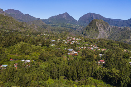France, Ile de la Reunion, Cirque de Salazie, classé Patrimoine Mondial de l'UNESCO, Hell-Bourg, labellisé les Plus Beaux Villages de France, le Piton d'Anchaing en arrière plan (vue aérienne)