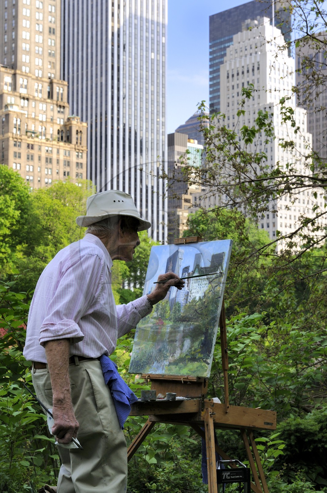 Etats-Unis, New York, Manhattan, Central Park, artiste peintre en action derrière the Pond