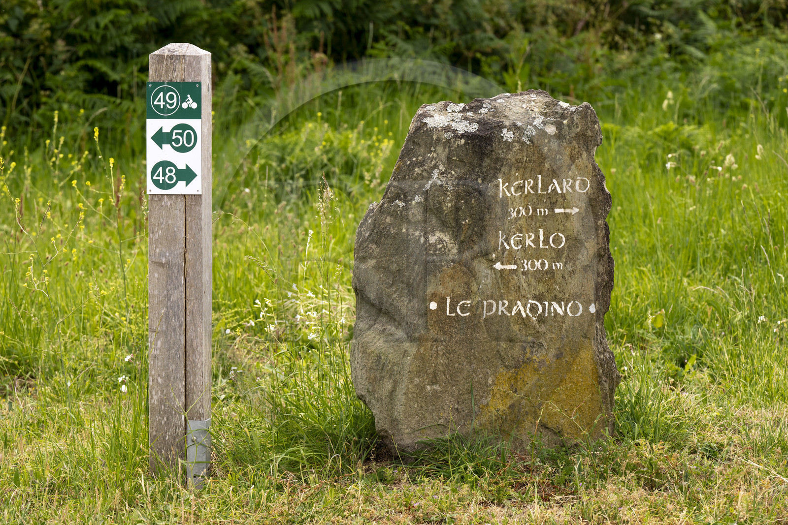 France, Morbihan (56), Ile de Groix, panneau indicateur peint sur un rocher typique de Groix