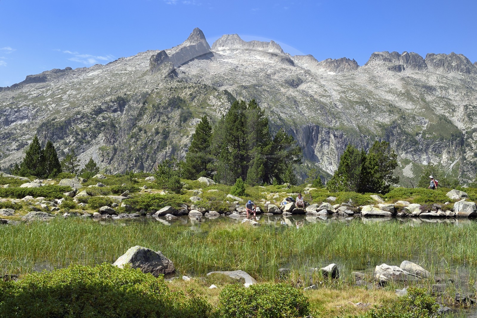 France, Hautes Pyrenees, Saint Lary Soulan and Vielle Aure, Neouvielle National Nature Reserve, Neouvielle lakes hike, Aumar lake and the peak of Neouvielle in the background