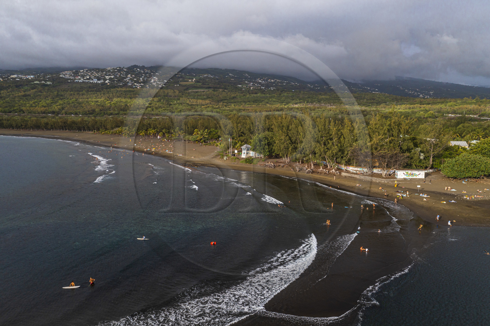 France, Reunion island (French overseas department), L'Etang Salé les Bains, the black sand beach (aerial view)