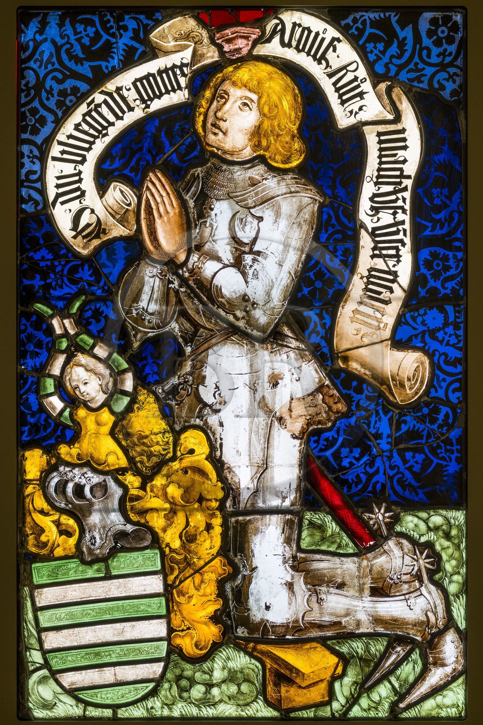 France, Paris (75), Musée de Cluny - Musée national du Moyen-Age, vitrail représentant Jacques de Fleckenstein en donateur, provenant de l'église Saint Georges de Haguenau (Bas Rhin), entre 1496 et 1514