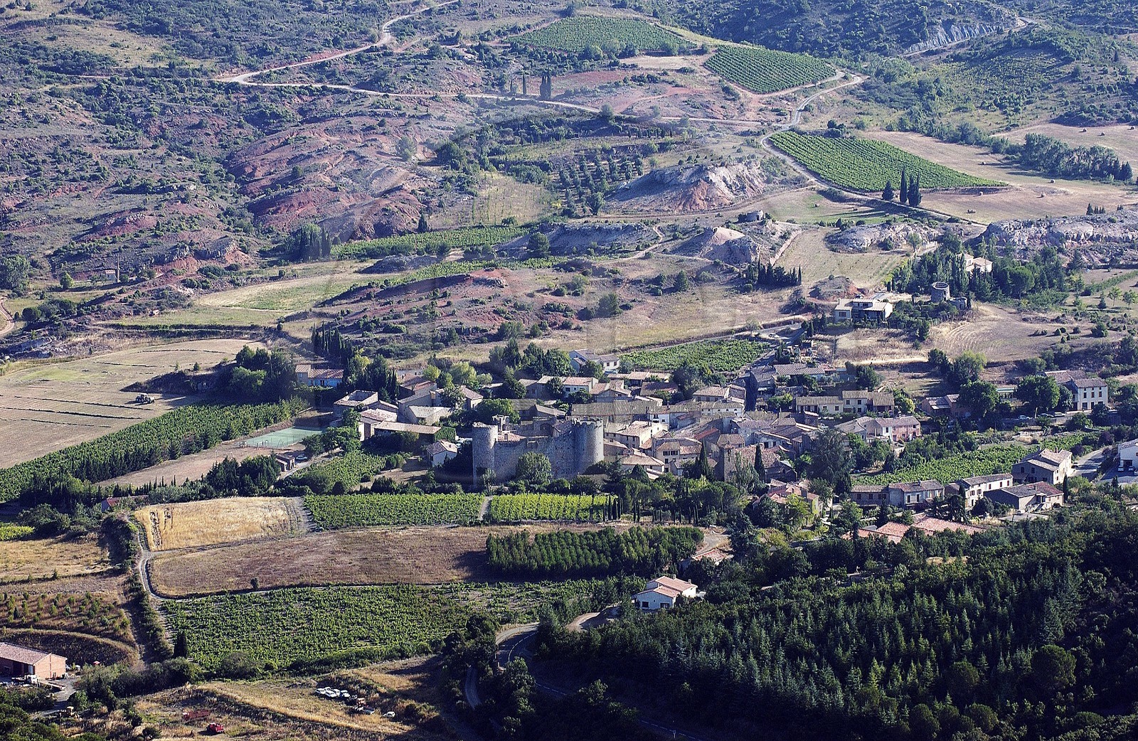 France, Aude, Cathar village of Villerouge Termenes village in the heart of the Corbieres region (aerial view)